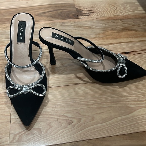 Black and rhinestone bow high heeled mules - like new! - Picture 2 of 3